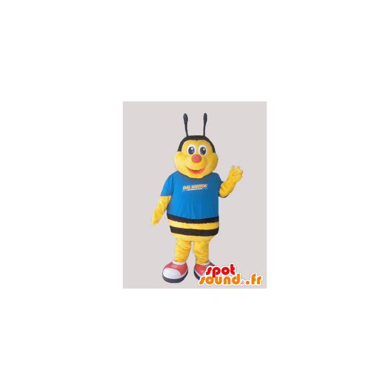Mascot gul og svart bie, kledd i blått - MASFR032051 - Bee Mascot