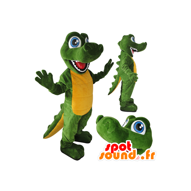 Green and yellow crocodile mascot, blue eyes - MASFR032059 - Mascots Crocodile