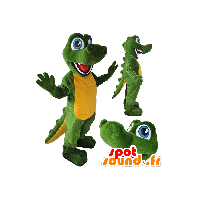 Mascotte de crocodile vert et jaune, aux yeux bleus - MASFR032059 - Mascottes Crocodile