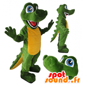 Groen en geel krokodil mascotte, blauwe ogen - MASFR032059 - Crocodile Mascottes