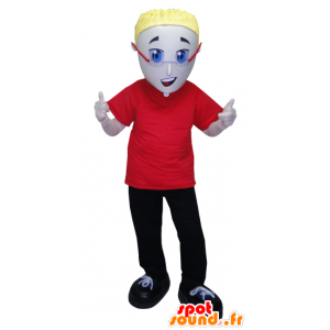 Mascote homem vestido de vermelho e preto com os vidros - MASFR032064 - Mascotes homem