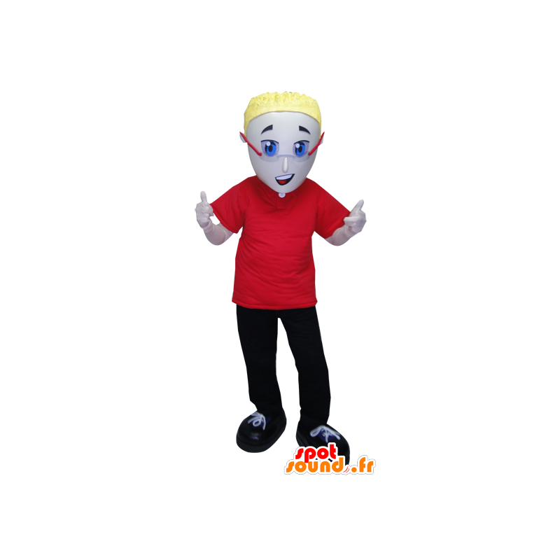 Mascote homem vestido de vermelho e preto com os vidros - MASFR032064 - Mascotes homem