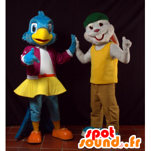 2 mascotes, um pássaro azul e um coelho cinzento - MASFR032069 - aves mascote