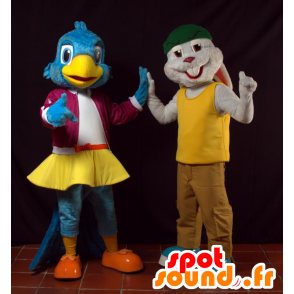 2 mascotas, un pájaro azul y un conejo gris - MASFR032069 - Mascota de aves