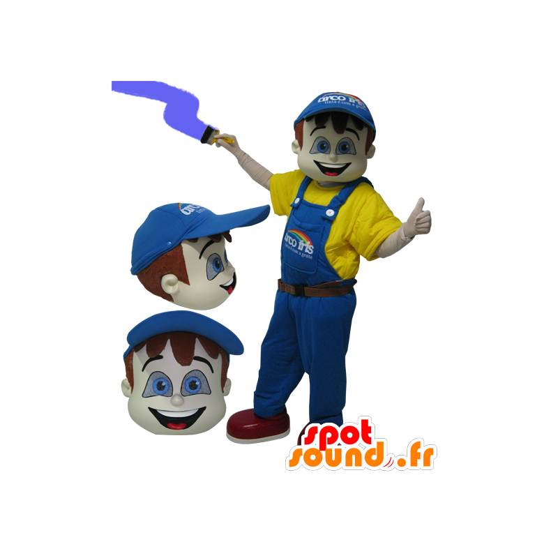 Schilder mascotte gekleed in geel met blauwe overalls - MASFR032071 - Human Mascottes