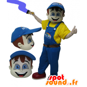 Schilder mascotte gekleed in geel met blauwe overalls - MASFR032071 - Human Mascottes