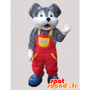 Mascotte de souris grise et blanche habillée en salopette - MASFR032088 - Mascotte de souris