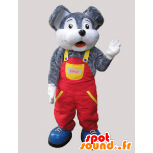 Šedá a bílá myš maskot oblečený v montérkách - MASFR032088 - myš Maskot