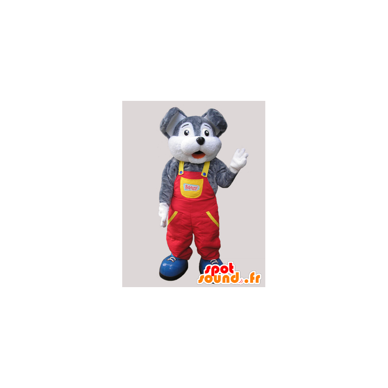 Gris y blanca de la mascota del ratón vestido con un mono - MASFR032088 - Mascota del ratón Gris y blanca de la mascota del ratón vestido con un mono - MASFR032088 - Mascota del ratón
