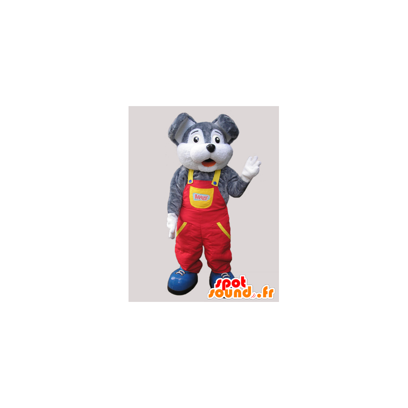 Grijze en witte muis mascotte gekleed in overalls - MASFR032088 - Mouse Mascot