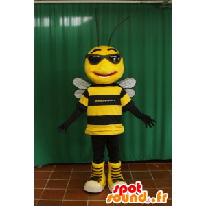 Mascotte d'abeille noire et jaune avec des lunettes de soleil - MASFR032096 - Mascottes Abeille