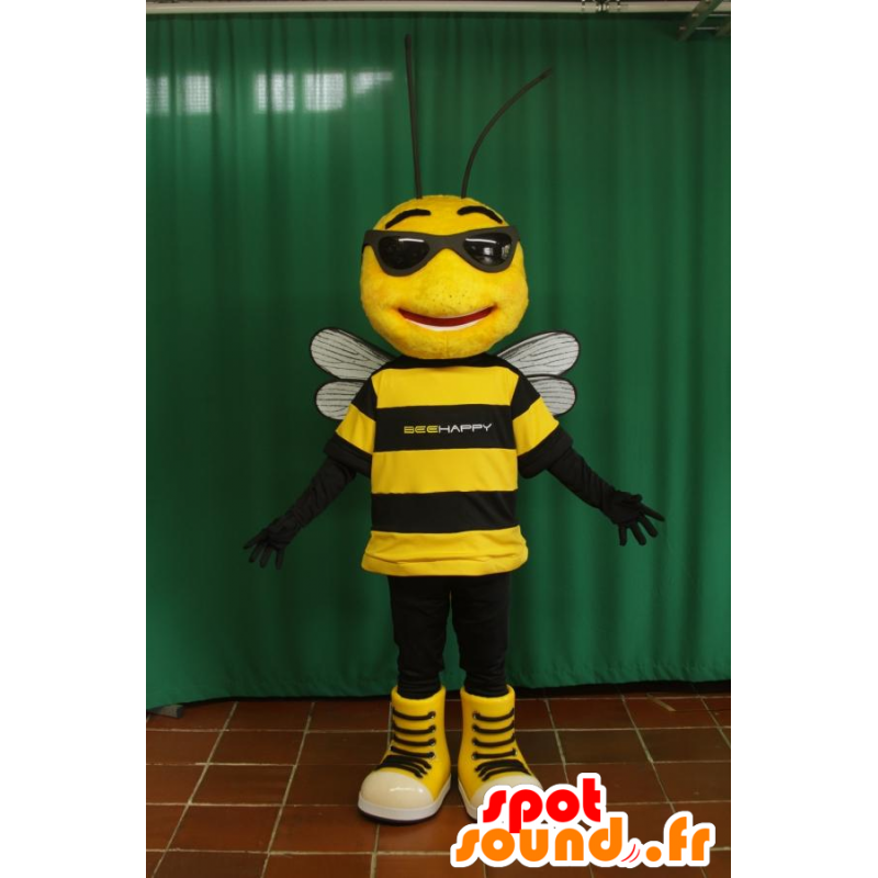Mascot of black and yellow bee with sunglasses - MASFR032096 - Mascots bee