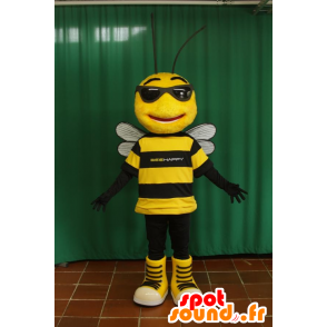 Mascot of black and yellow bee with sunglasses - MASFR032096 - Mascots bee