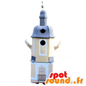 Lighthouse mascot, church, beige and blue monument - MASFR032098 - Mascots of objects