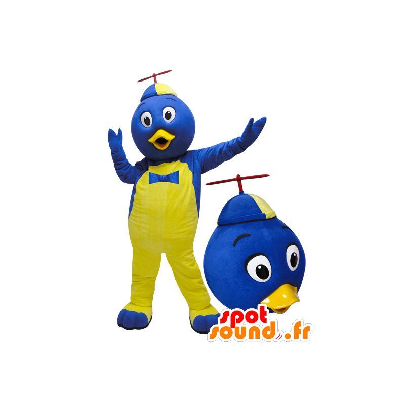 Mascotte d'oiseau bleu et jaune avec un chapeau - MASFR032103 - Mascotte d'oiseaux