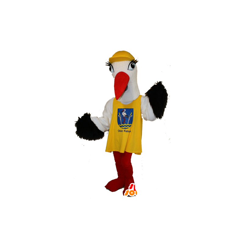 Mascotte de cigogne noire et blanche avec un dossard jaune - MASFR032108 - Mascottes de l'océan