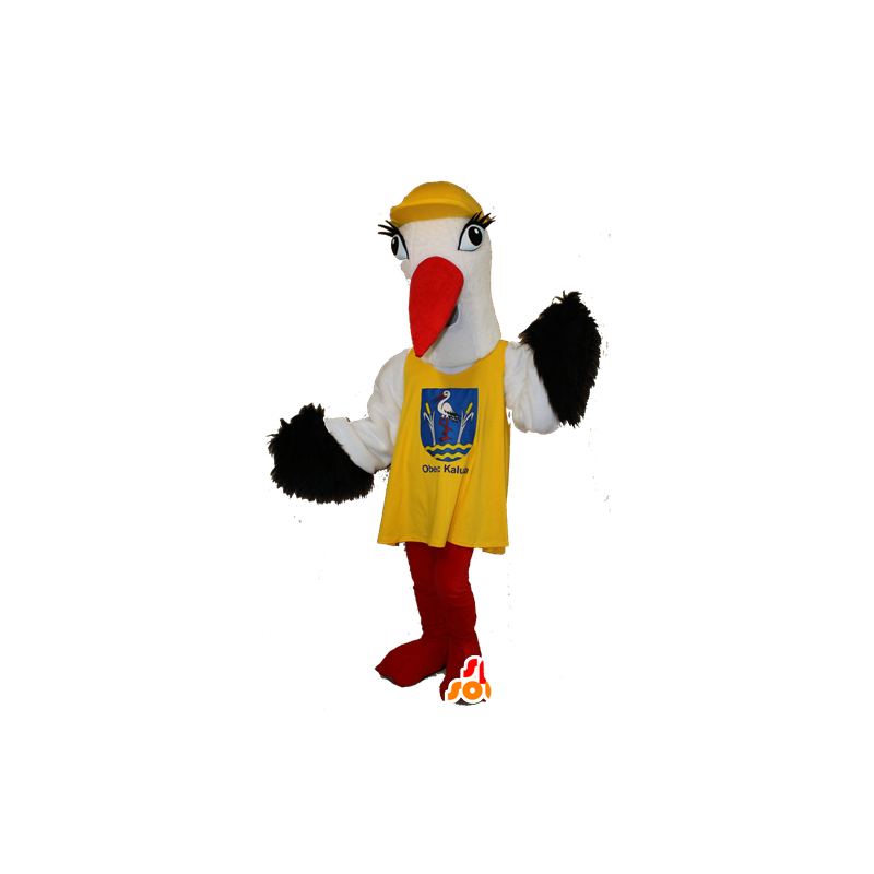 Sort og hvid stork maskot med en gul hagesmæk - Spotsound