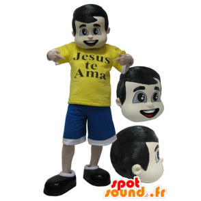 Bruine jongen mascotte gekleed in blauw en geel - MASFR032119 - Mascottes Boys and Girls