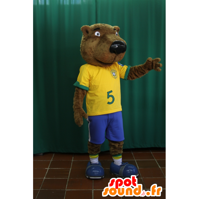 Beaver mascot, brown bear holding football - MASFR032142 - Beaver mascots