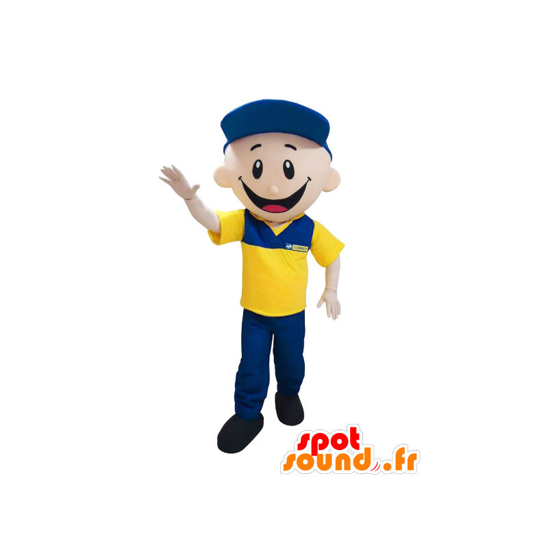 Mascotte dell'hotel, fattore vestita di blu e giallo - MASFR032144 - Umani mascotte