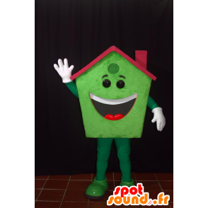 Mascot casa verde, sonriente, con un techo rojo - MASFR032146 - Casa de mascotas