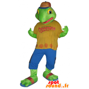 Groene kikker mascotte gekleed in een kleurrijke outfit - MASFR032149 - Kikker Mascot