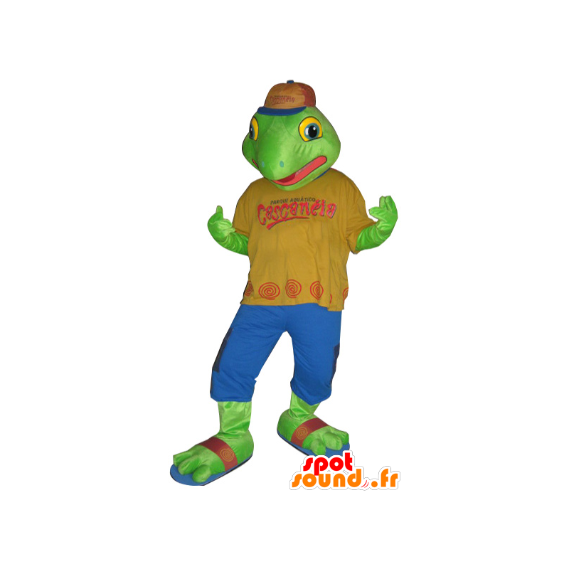 Green frog mascot dressed in a colorful outfit - MASFR032149 - Mascots frog
