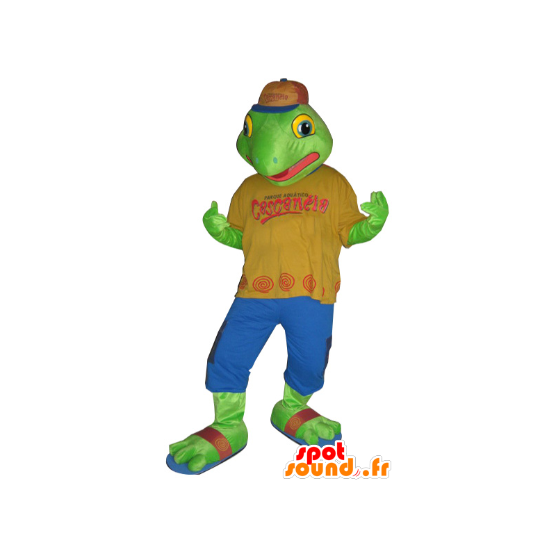 Groene kikker mascotte gekleed in een kleurrijke outfit - MASFR032149 - Kikker Mascot