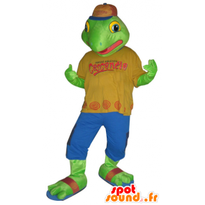 Green frog mascot dressed in a colorful outfit - MASFR032149 - Mascots frog