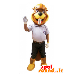 Mascotte de castor jaune et marron en tenue de chantier - MASFR032153 - Mascottes de castor