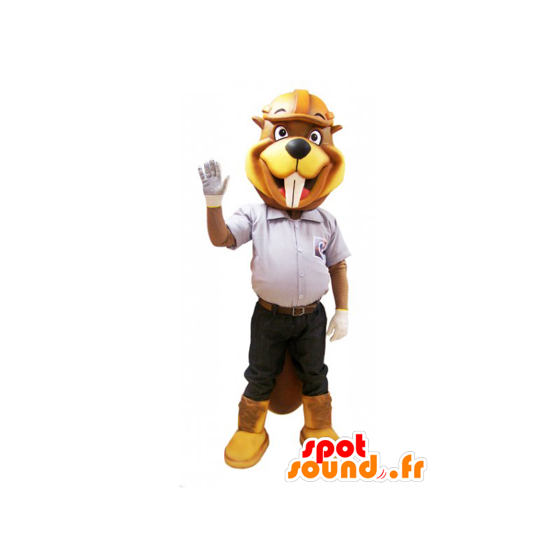 Mascotte de castor jaune et marron en tenue de chantier - MASFR032153 - Mascottes de castor