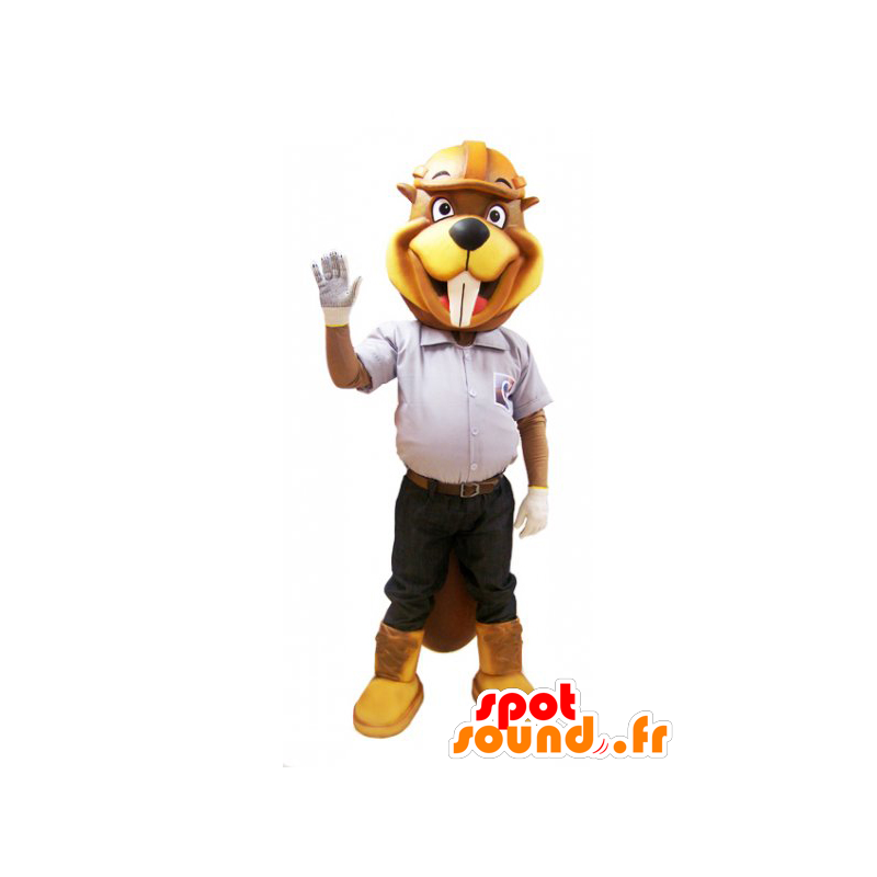 Mascot gul og brun bæver i konstruktionstøj - Spotsound maskot