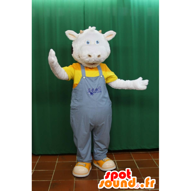 Mascot of black and white cow, wearing overalls - MASFR032160 - Mascot cow