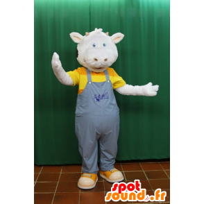 Mascot of black and white cow, wearing overalls - MASFR032160 - Mascot cow