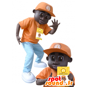 African American boy mascot dressed in orange outfit - MASFR032161 - Mascots boys and girls