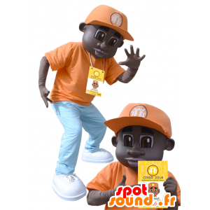 African American boy maskot kledd i oransje antrekk - MASFR032161 - Maskoter gutter og jenter