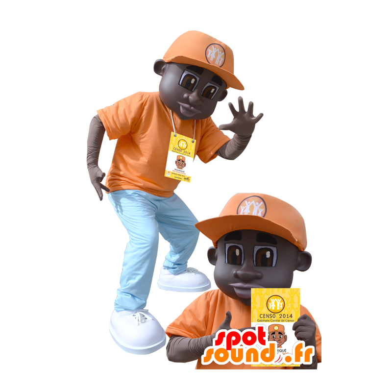 Afro-Amerikaanse jongen mascotte gekleed in oranje outfit - MASFR032161 - Mascottes Boys and Girls