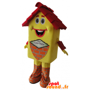 Yellow house mascot and red, very smiling - MASFR032163 - Mascots of objects