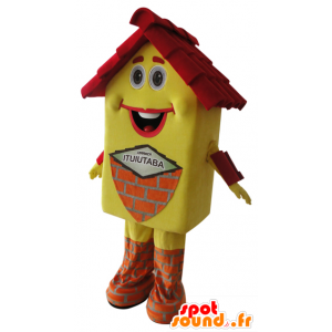 Gele huis mascotte en rood, zeer glimlachen - MASFR032163 - mascottes objecten