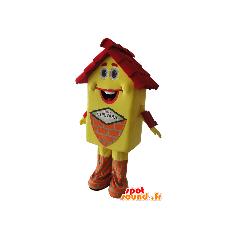 Yellow house mascot and red, very smiling - MASFR032163 - Mascots of objects