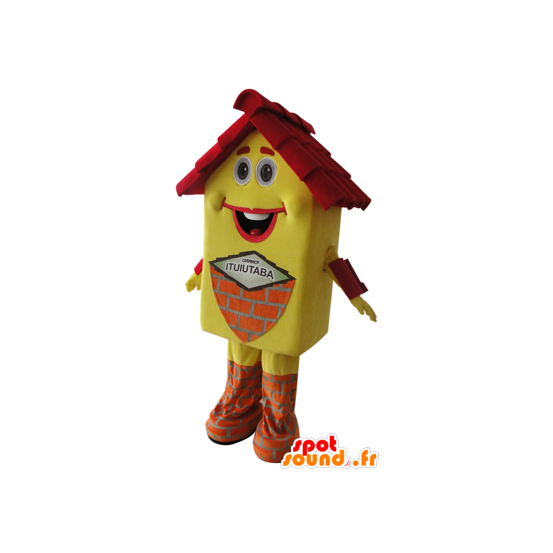 Gele huis mascotte en rood, zeer glimlachen - MASFR032163 - mascottes objecten