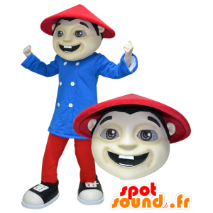 Mascot homem asiático vestido de vermelho e azul - MASFR032176 - Mascotes homem
