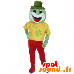 Zelený tvor maskot, usměvavý, oblečený v červené a žluté - MASFR032183 - Maskoti netvoři