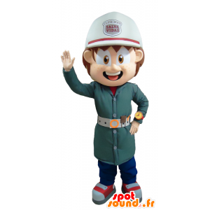 Mascotte de pompier en uniforme vert avec un casque blanc - MASFR032187 - Mascottes Humaines