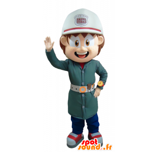 Verde mascotte pompiere uniforme con un casco bianco - MASFR032187 - Umani mascotte
