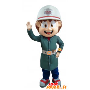 Green uniform firefighter mascot with a white helmet - MASFR032187 - Human mascots