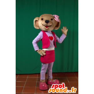 Brun bjørnemaskot, i lyserød og lilla tøj - Spotsound maskot