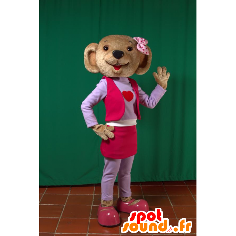 Brun björnmaskot, i rosa och lila outfit - Spotsound maskot
