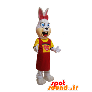 Weiße Hase Maskottchen, haarig, gekleidet in gelb und rot - MASFR032190 - Hase Maskottchen