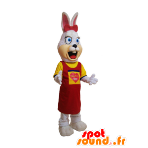 White bunny mascot, hairy, dressed in yellow and red - MASFR032190 - Rabbit mascot